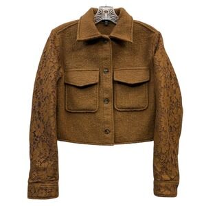 Express Lace Sleeve Tweed Cropped‎ Shacket Brown Button Front Boho Chic XS